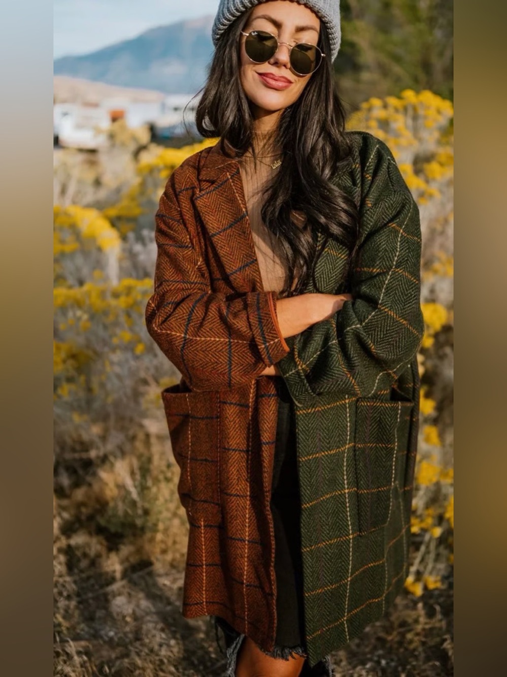Dressed in LALA Plaid Coat Women S/M Half & Half Brown Green Longline NWT